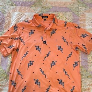 Bad Birdie Men's Polo in Vibrant Orange with Snake Design